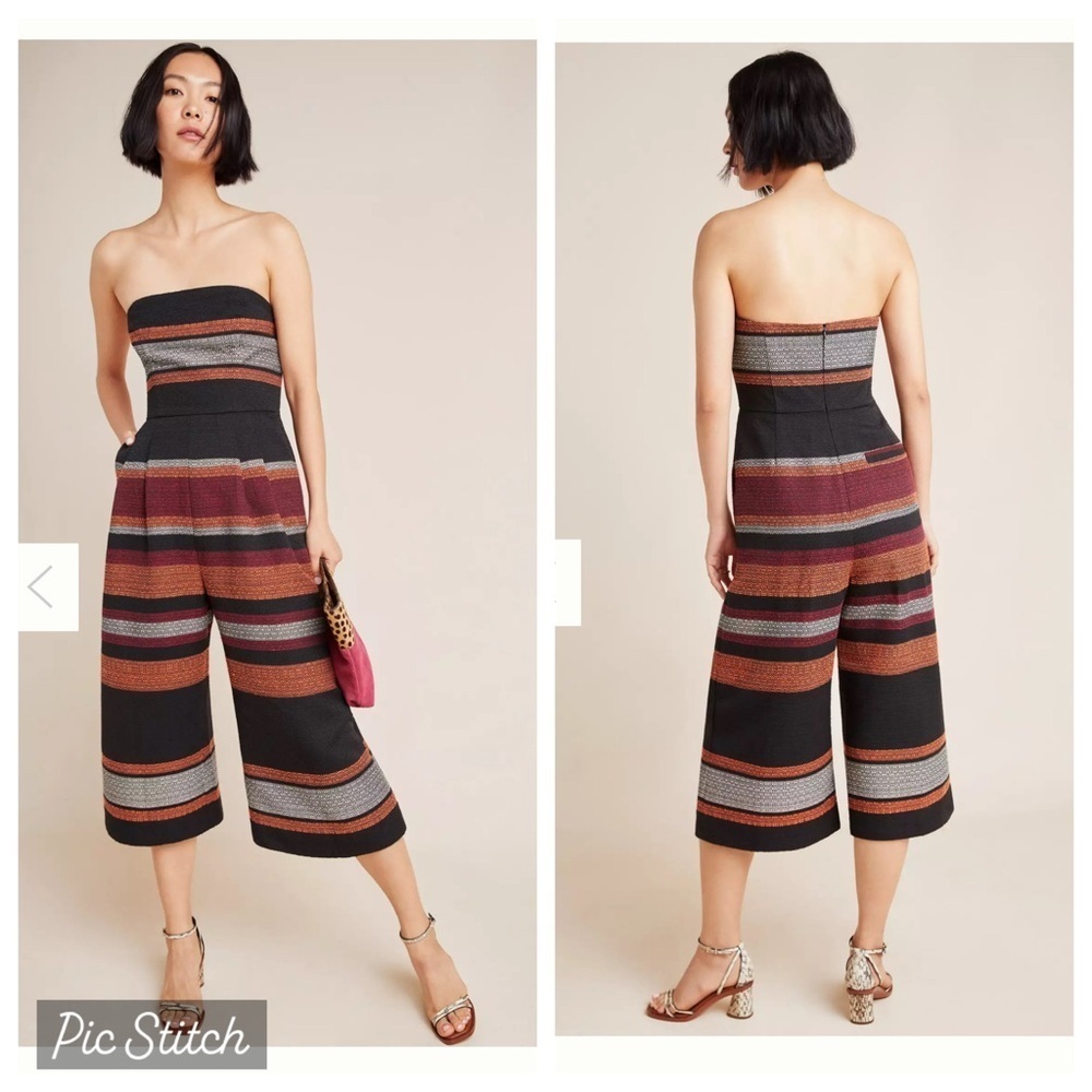 Anthropologie Strapless Striped Knit Jumpsuit in Black, Rust, Gray